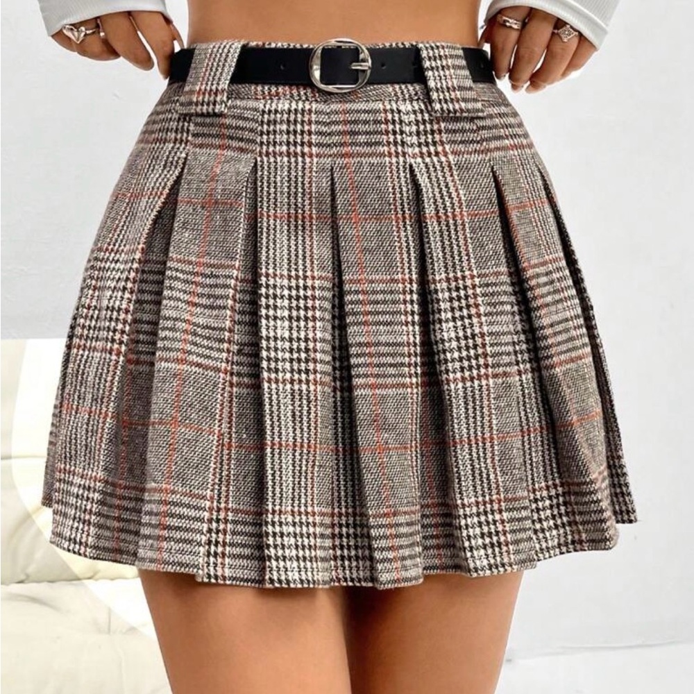 Brown Pleated Tweed plaid mini skirt with belt loops size XS - Picture 6 of 8